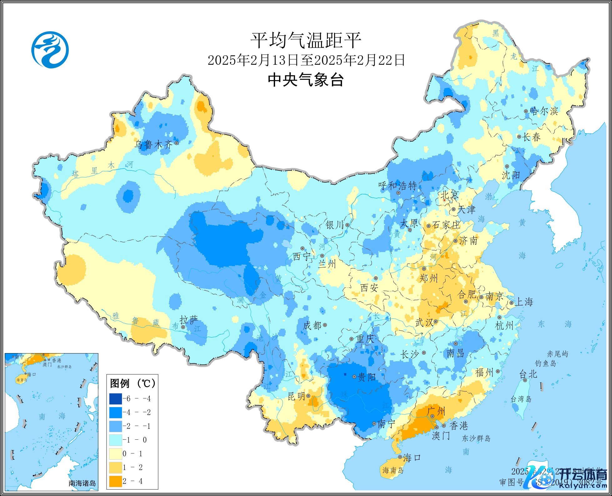 图1 2025年2月13-22日平均气温距平